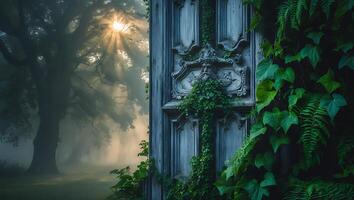 Mysterious Foggy Forest Landscape with Sunlight Through Trees and Overgrown Door photo