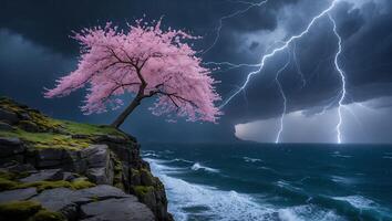 Pink Blossom Tree on Cliffside During Storm with Lightning Strikes photo