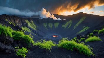 Volcanic Crater Landscape with Green Vegetation and Fiery Core photo