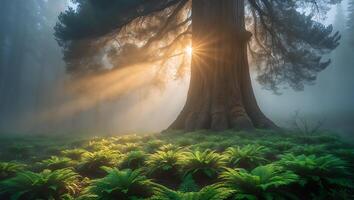 Sunlight Through Majestic Tree in Forest with Ferns and Fog photo