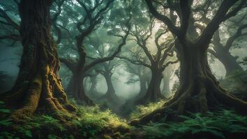 Walking Through Ethereal Forest with Fog and Green Ferns photo