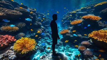 Exploring Underwater Coral Reef with Tropical Fish and a Silhouette photo