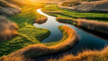 Winding River Through Green Landscape at Sunrise with Golden Light photo