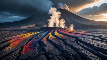 Volcano Landscape with Rainbow Colored Flowing Material and Steaming Vent photo