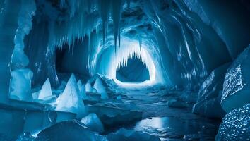 Exploring Ice Cave with Hanging Icicles and Glistening Blue Formations photo