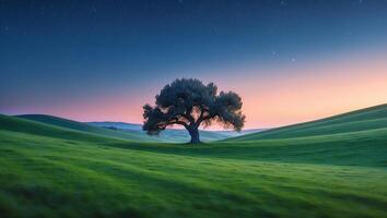 Solitary Tree Stands on Rolling Green Hills Under a Starry Sky photo