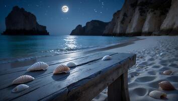 Seashells on Beach Bench Under Moonlight by Ocean at Night photo
