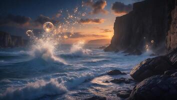 Crashing Ocean Waves at Sunset with Rocky Cliffs and Sparkling Spheres photo