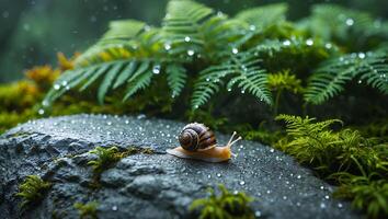 Snail Crawling on Wet Rock Surrounded by Ferns and Moss photo