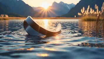 Object Floating on Water Against Mountain Backdrop at Sunset Scenery photo