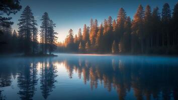 Reflecting Lake at Sunrise Surrounded by Forest Trees and Mist photo