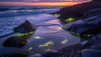 Glowing Shoreline at Sunset with Waves and Rock Formations photo