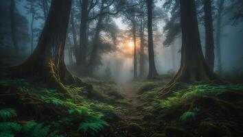 Walking Path Through Misty Forest with Sunlight Shining Through Trees photo