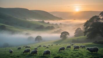Sheep Grazing on Meadow Under Fog and Sunrise in Pastoral Landscape photo