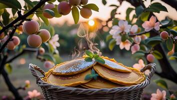 Steaming Pancakes in Basket with Fruit Trees and Sunset Glow photo