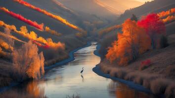 River Flowing Through Autumn Landscape with Bird and Colorful Trees photo