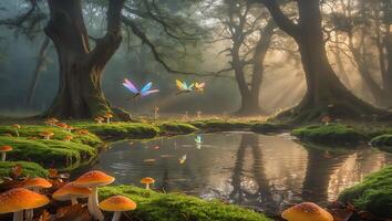 Dragonflies Flying Over Pond in Forest with Colorful Mushrooms photo