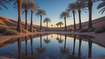 Reflecting Palm Trees in Desert Oasis Water Landscape Scene photo