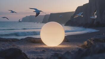 Glowing Sphere on Beach with Birds Flying at Dusk Seascape photo