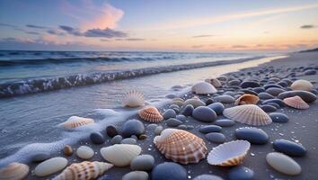 Seashells and Pebbles on Sandy Beach at Dusk with Gentle Waves photo