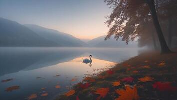Swan Swimming on Misty Lake Reflecting Hills with Autumn Leaves photo