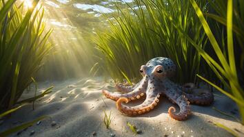 Octopus Resting on Sandy Seabed with Sunlight Through Ocean Water photo