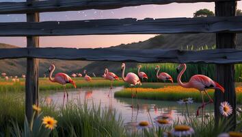 Flamingos Wading Through Wetland at Dusk Near Wooden Fence photo