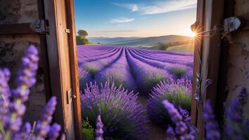 Lavender Field View Through Rustic Open Door at Peaceful Sunset photo