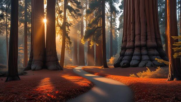 Winding Path Through Redwood Forest with Sunlight Streaming Through Trees photo