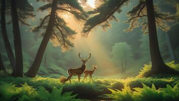 Deer and Fawn Standing in Sunlit Forest with Ferns photo