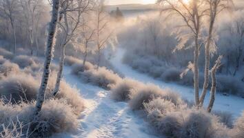 Snowy Path Through Winter Forest with Frost Covered Trees photo
