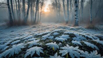 Frosty Morning Sunlight Illuminating a Woodland Path with Ice Covered Leaves photo