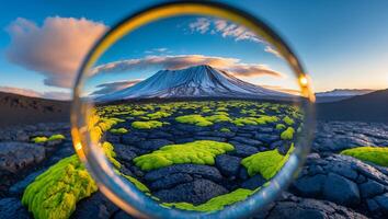 Volcano Scenery Through Lensball Over Green Moss on Volcanic Rock photo