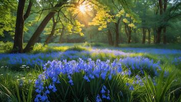 Bluebell Flowers Blooming in Forest with Sun Rays Shining Through Trees photo