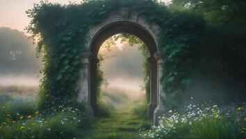 Walking Through Foggy Archway Opening Into Flower Meadow Landscape photo