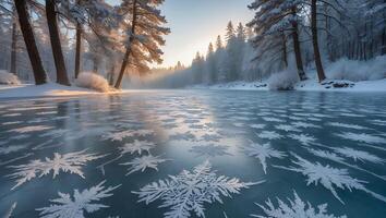 Frozen Lake with Delicate Ice Patterns Surrounded by Snowy Forest photo