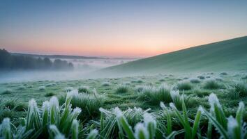 Frost Covered Grassland at Sunrise with Mist Rolling Across Fields photo