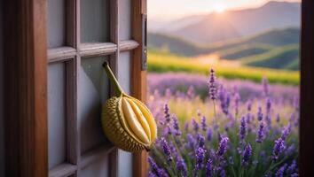 Open Door with Durian Fruit Overlooking Lavender Field at Sunset photo