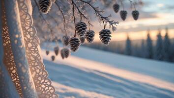 Pine Cones Hanging on Snowy Branch in Winter Sunset Light photo