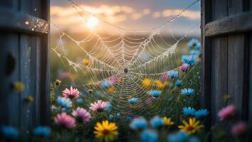 Dew Covered Spiderweb in a Flower Garden at Sunrise photo