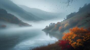 Misty Lake Landscape with Autumnal Foliage and Gentle Mountain Views photo
