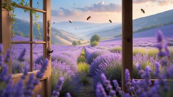 Open Door to Lavender Field with Bees and Rolling Hills View photo