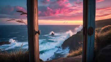 Ocean View Through Open Door with Pink Sunset Sky and Waves photo