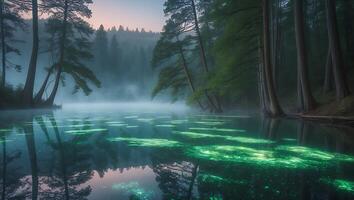 Serene Lake at Dawn Surrounded by Forest with Foggy Mist photo