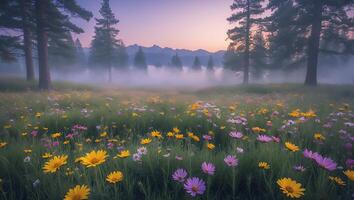Meadow of Flowers at Dusk Surrounded by Trees and Fog photo