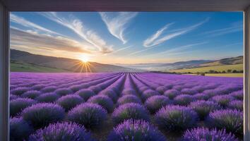 Lavender Field at Sunrise Seen Through a Window Frame Scenery photo