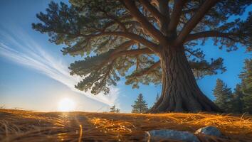 Majestic Tree Spreading Branches Against Sunny Sky on Forest Floor photo