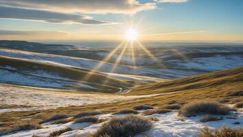 Rolling Hills with Snow and Sunlight Landscape at Golden Hour photo