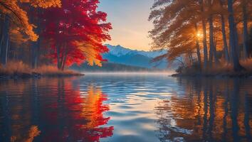 Still Lake Reflecting Autumn Colors with Mountains in the Background photo