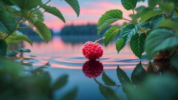 Red Berry Floating on Lake Reflecting Colorful Sky Among Greenery photo